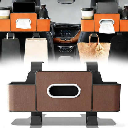 Car Organizers and Storage Box Behind Seat, 2026 New Car Headrest Organizer Back Seat with Drink Cup Holder Tissue Box for Hold Phone, Snacks, Drinks, Handbag (Brown)