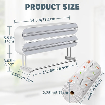 3 in 1 Plastic Wrap Dispenser with Cutter，Magnetic Aluminum Foil and Adhesive Film Organizer, Wall Mount Kitchen Wrap Organizer, Cling Wrap Dispenser with Paper Towel Holder and Cutter