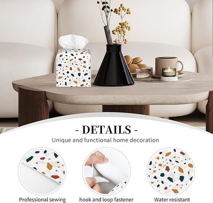 POIUBLE Leather Tissue Box Holder Terrazzo Tile Tissue Box Cover Square Waterproof Tissue Holder Organizer Modern Napkin Holder for Bedroom Dresser Night Stand Office Desk