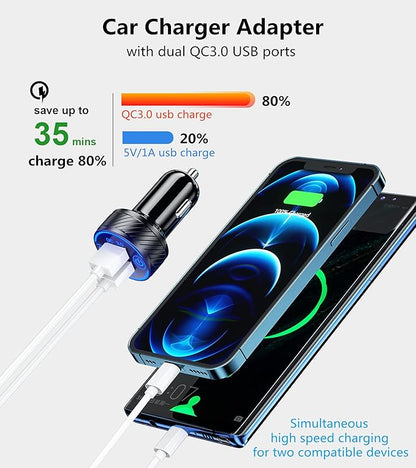KEWIG Car Charger, 36W 3A Fast Car Charger Adapter, Dual QC3.0 USB Car Charger Fast Charge with Blue LED & ON/Off Switch