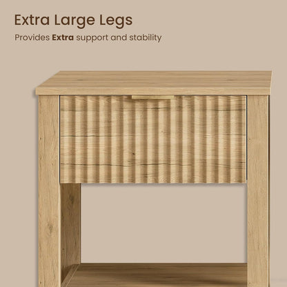 Fluted Night Stand with Golden Handle,Mid-Century Nightstands with Drawer,Modern Bedside Table with Storage Shelf,Large End Tables for Livingroom,Bed Side Tables for Bedroom,Natural Oak