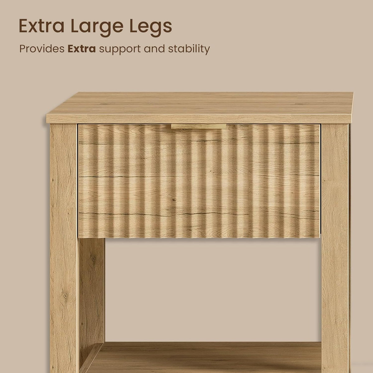 Fluted Night Stand with Golden Handle,Set of 2 Mid-Century Nightstands with Drawer, Bedside Table with Storage Shelf,Large End Tables for Livingroom,Bed Side Tables for Bedroom, Natrual Oak