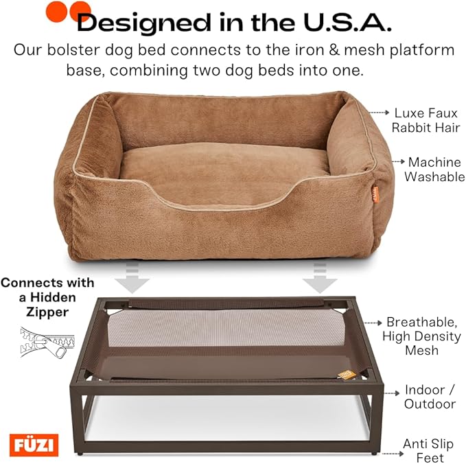 FUZI Elevated Dog Bed Medium, Luxury Raised Dog Beds, Removable and Machine Washable Bed Cover, Indoor/Outdoor Orthopedic Pet Bed, Medium 31.75x23.6x18 Dark Grey & Black Base