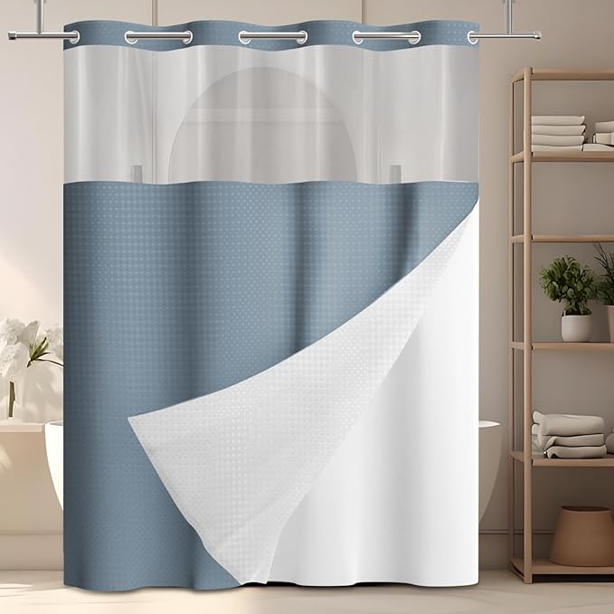 GICDSU No Hook Shower Curtain with Snap in Liner, Waffle Shower Curtain Set for Bathroom, Hotel Style with Semi-Sheer Top Window, Waterproof & Washable, Fog Blue, 71" W x 75" L
