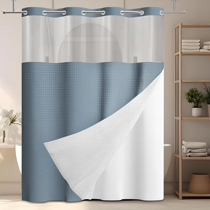 GICDSU No Hook Shower Curtain with Snap in Liner, Waffle Shower Curtain Set for Bathroom, Hotel Style with Semi-Sheer Top Window, Waterproof & Washable, Fog Blue, 71" W x 75" L