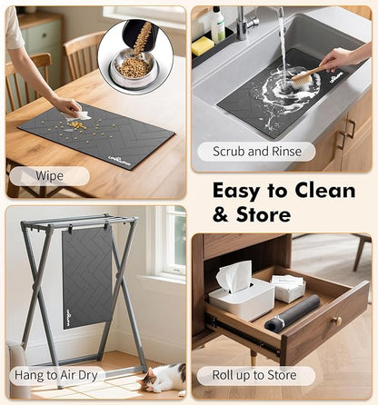 UPAWPIA Pet Food Mat Absorbent Cat Food Mat Dog Mat for Food and Water Quick Dry No Stains Dog Feeding Mat Placemat for Messy Drinkers Cat Food Mats for Indoor Cats Bowl Mats Pet Supplies 17"X28" Grey