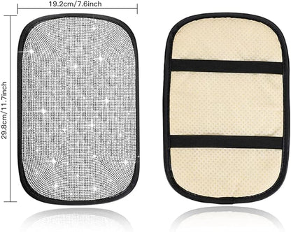 SAVORI Bling Car Armrest Cover Diamond Rhinestone Auto Center Console Cover Protector Arm Rest Cushion Pads Universal Bling Car Accessories for Women Girl Cute Vehicle Interior Decor (White)
