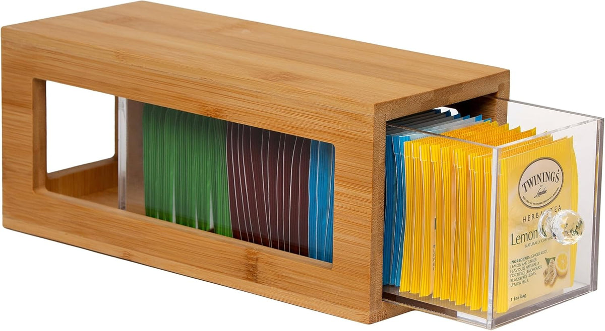 Bamboo and Acrylic Drawer Tea Bag Holder- Durable & Elegant Tea Bag Storage Holder for Kitchen Countertop, Space-Saving Tea Drawer Organizer