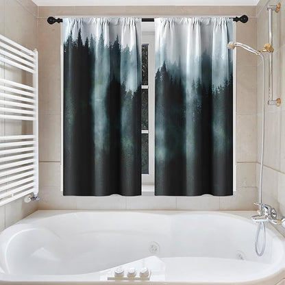 Culudea Misty Mountain Tree Green Spring Waffle Textured Cloth Shower Curtain Set, Fog Forest Nature Vintage Bathroom Window Waterproof Shower Curtains for Bathroom Decor