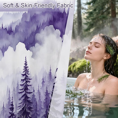 Litabel Purple Long Misty Pine Forest Shower Curtain 72 x 78, Mountain Foggy Woodland Scenery Tree 78 Inch Long Shower Curtains for Bathroom, Abstract Waterproof Nature-Themed Decor