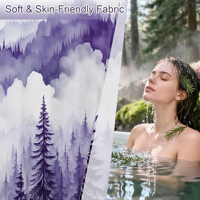 Litabel Purple Small Stall Misty Pine Forest Shower Curtain 36 x 72, Mountain Foggy Woodland Scenery Tree Narrow Half Size Shower Curtains for Bathroom, Abstract Waterproof Nature-Themed Decor