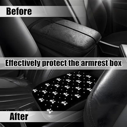 Car Center Console Cover, Waterproof Leather Bow Ribbon Vehicle Arm Rest Pad, Comfortable Automotive Interior Seat Box Armrest Protection Cushion Accessories, Universal Fit (Silver)