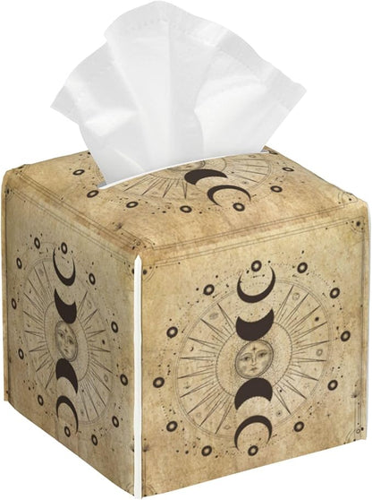 POIUBLE Leather Tissue Box Holder Moon Phases Tissue Box Cover Astrology Square Waterproof Tissue Holder Organizer Modern Napkin Holder for Bedroom Dresser Night Stand Office Desk