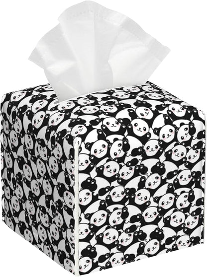 POIUBLE Cute Panda Tissue Box Cover Leather Tissue Box Holder Square Facial Paper Organizer Dispenser for Bathroom Kitchen Bedroom Vanity Countertop Night Stands