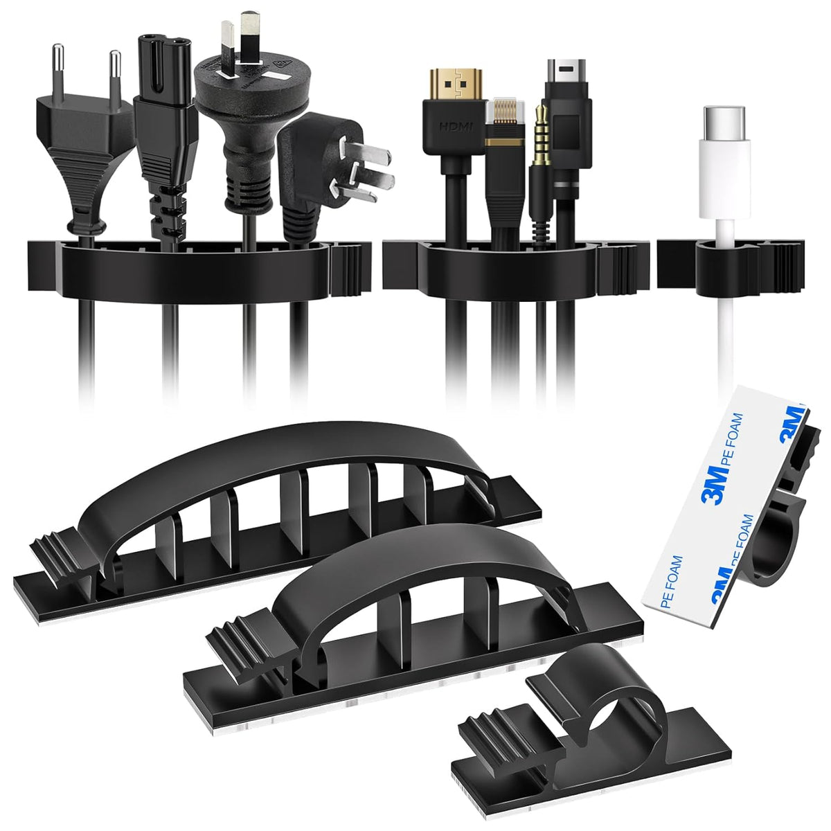 XHF 30pcs Adhesive Cable Wire Clips Kit Black, Outdoor Cable Management Wire Organizer Cord Holder for Under Desk, Car, Wall, TV PC Ethernet Cable