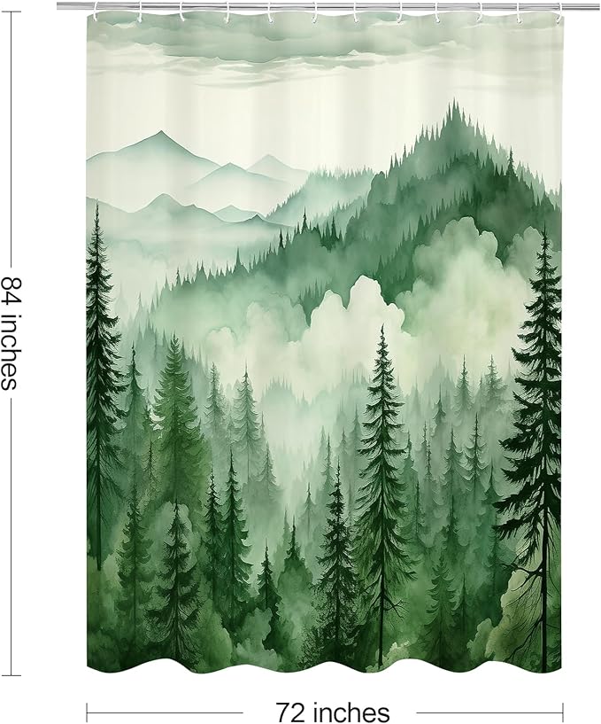 Litabel Green Extra Long Misty Pine Forest Shower Curtain 72 x 84, XL Mountain Foggy Woodland Scenery Tree Shower Curtains for Bathroom, Abstract Waterproof Nature-Themed Decor