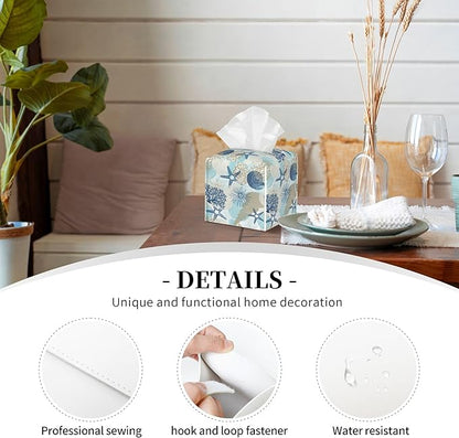 POIUBLE Tissue Box Holder Corals and Seashells Tissue Box Cover Square Leather Tissue Holder Organizer Portable Decorative Facial Paper Case for Home Office Bathroom Vanity Countertop