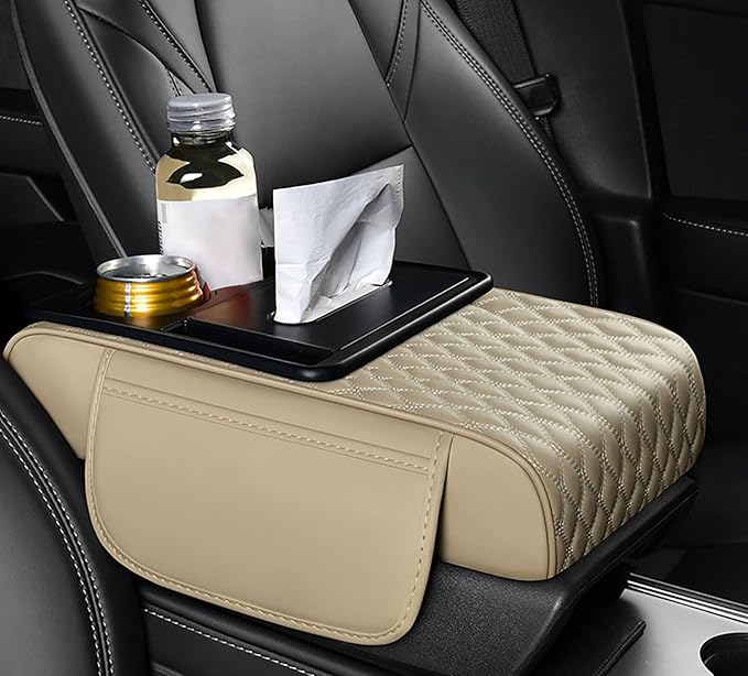 Car Armrest Center Console Cover for Jeep Grand Cherokee (WK2) 2011–2021, Center Console Pad with Cup Holder, Multifunctional Armrest Cushion,E Beige