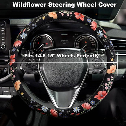 Watercolor Wildflower Steering Wheel Cover for 14.5-15 Inch (37-38 cm) Wheels, Premium Fabric with Non-Slip Rubber Inner Ring