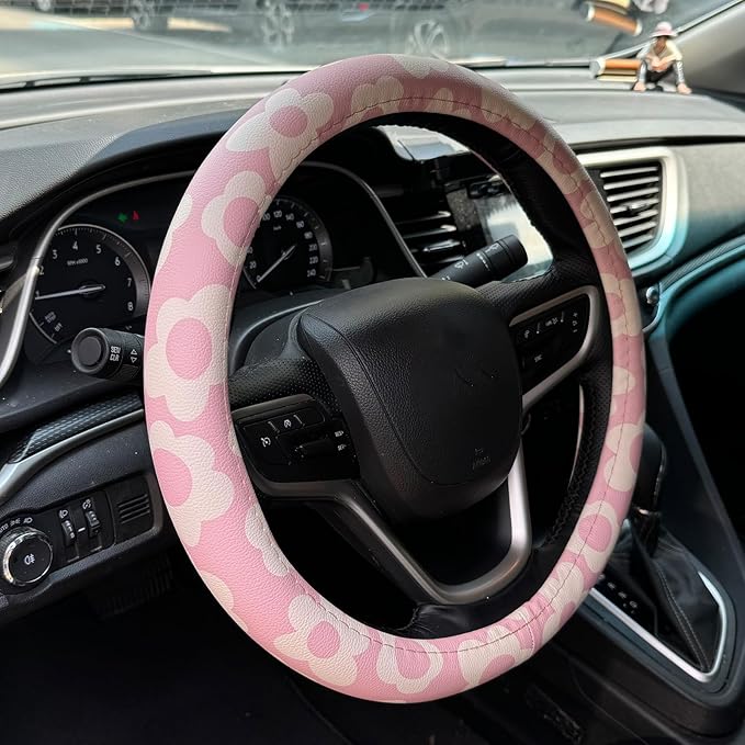 Vintage Groovy Flowers Car Leather Steering Wheel Cover - 15-inch Universal Microfiber- Soft & Breathable & Silicone Anti Slip Auto Steering Wheel Wrap for Women (Pink)
