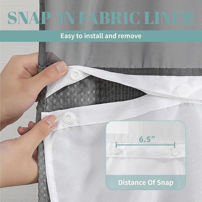 eachope Charcoal Grey No Hook Waffle Weave Shower Curtain with snap-in Liner Replacement, 230GSM Waterproof Fabric Hotel Shower Curtain Set for Bathroom, Through Mesh Top Window,71Wx77H