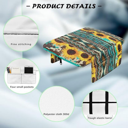 Wanyint Aztec Sunflower Blue Auto Center Console Cover Soft Armrest Box Pad Protector Middle Console Cover with Pockets Storage Bag Hand Rest Pillow Car Interior Decor Accessories