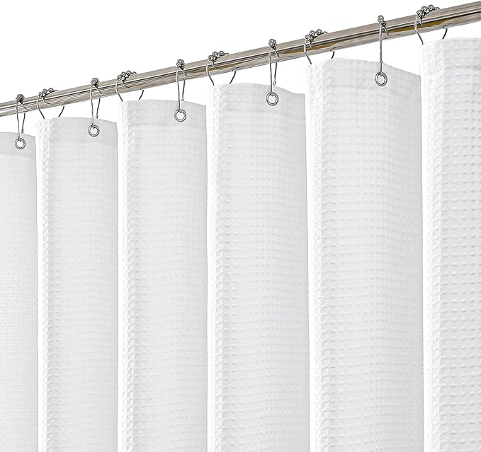 meioro White Shower Curtain, Waffle Weave 256GSM Heavy Duty Textured Fabric Shower Curtains for Bathroom Hotel Spa, Luxury Weighted Polyester Cloth Bath Curtain Set with 12 Hooks, 36Wx72H