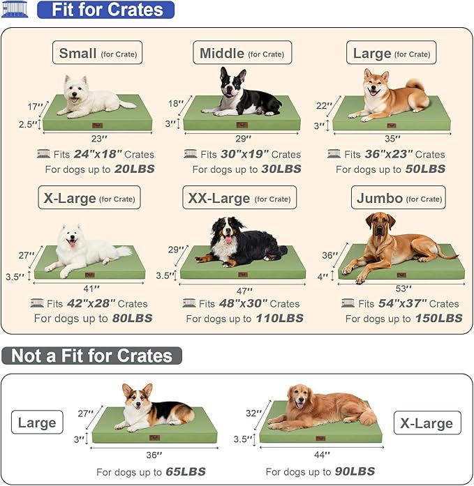 Tail Stories Outdoor Large Washable Dog Bed, Orthopedic Egg Crate Foam Dog Crate Mat for Large Dogs with Removable Oxford Cooling Cover, Light Green