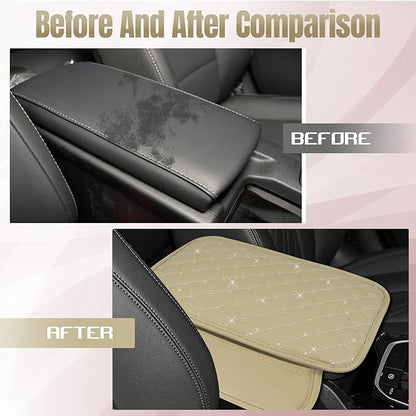 wuyaoyao Bling Car Center Console Cover, 11.81"×7.87" Leather Auto Arm Rest Cover Protector with 2 Storage Bags, Vehicle Crystal Rhinestone Armrest Cushion Pad, Interior Car Accessories (Beige)
