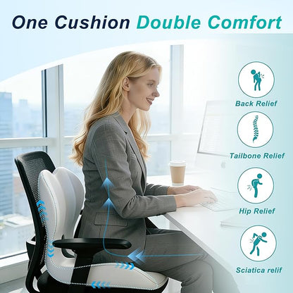 Seat Cushion for Office Chair and Car, Lumbar Support Pillow for Office Chair, Memory Foam Ergonomic Seat Cushion for Long Sitting, Back & Tailbone Pain, Sciatica - Light Gray