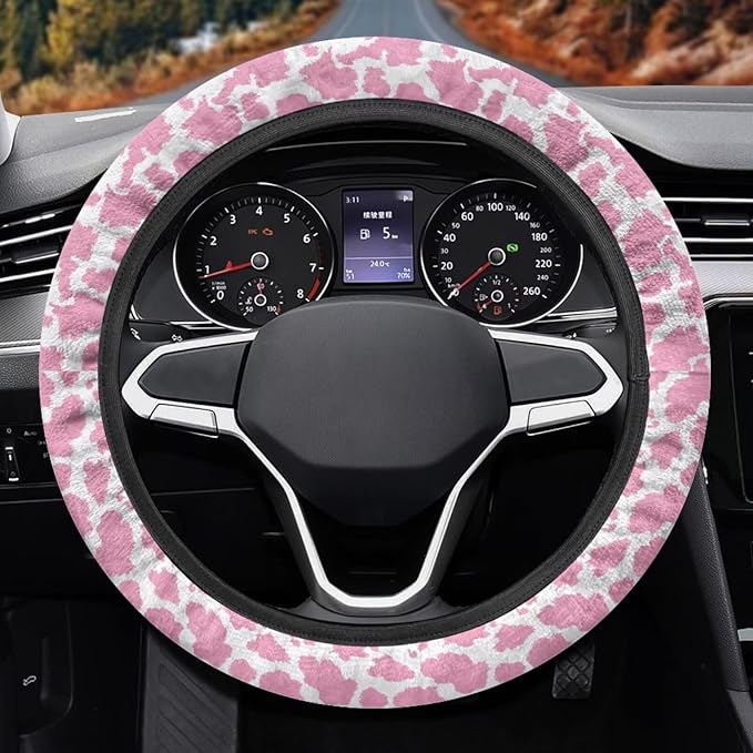 Universal Non-Slip Steering Wheel Cover, 15-inch Polyester Material Driving Accessories, Adjustable for Car and Truck(Pink Spots)