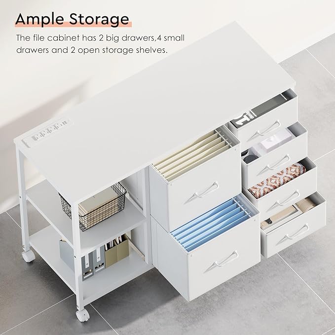 6 Drawer File Cabinet with Charging Station Rolling Printer Stand with Open