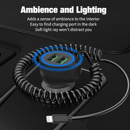 [Apple MFi Certified] USB Car Charger Plug, Aymla Dual Port Coiled Cord Auto Cigarette Lighter Adapter with 5FT Coiled Lightning Cable for iPhone 14 Pro Max/14 Plus/14/13 Pro/13 Mini/12/11/XS/XR/8