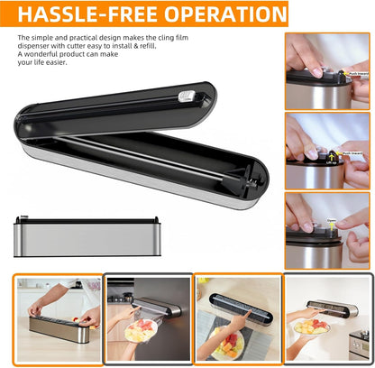 Aluminum Foil & Plastic Wrap Dispenser with Cutter - Magnetic & No-Drill Wall Mount, Stainless Steel Design, Space-Saving Kitchen Organizer for Worktops & Cabinets - Fits 12" Rolls, Silver