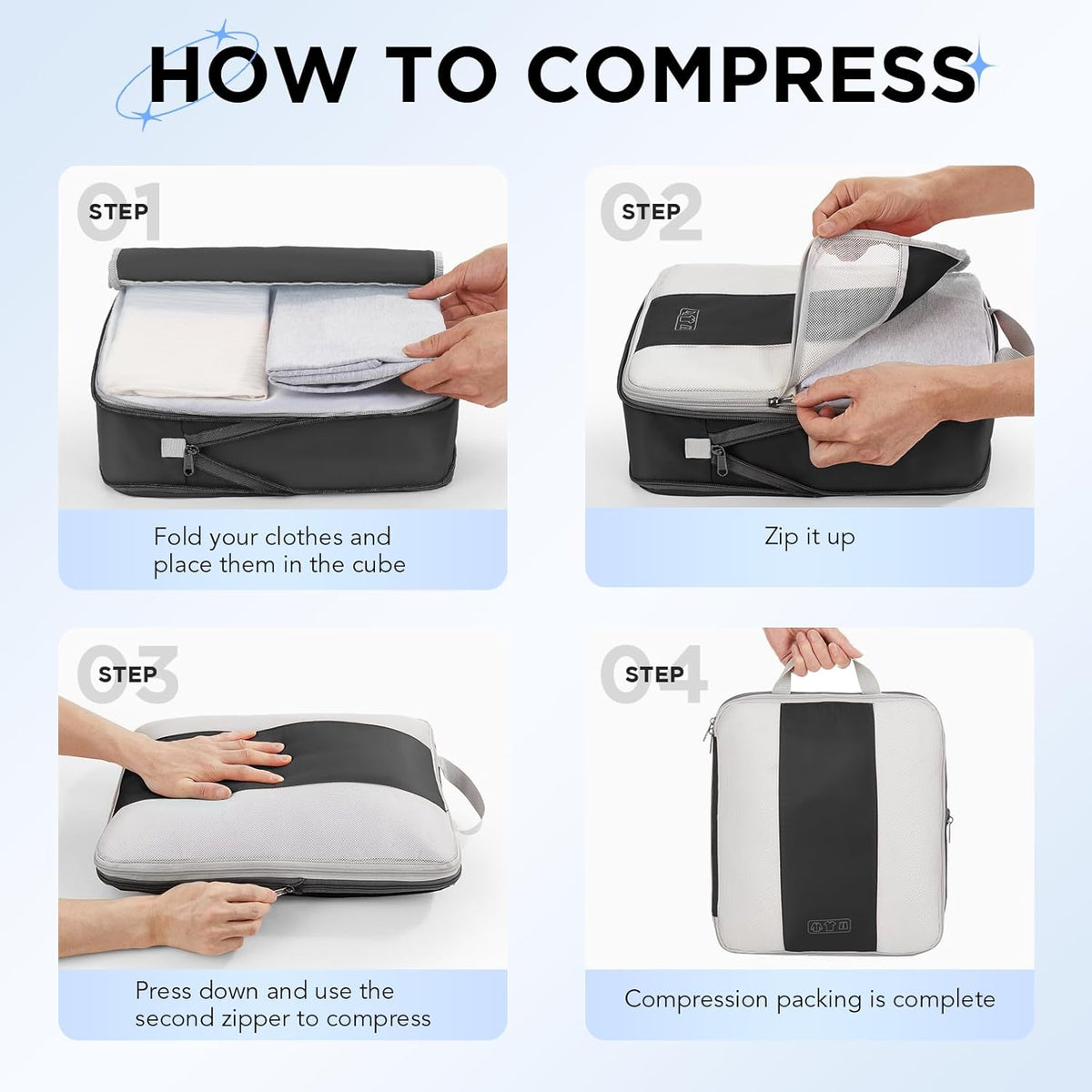 2 Set Compression Packing Cubes for Travel Essentials,Compressible Expandable Packing Cubes for Suitcase,OlarHike Luggage Organizer Bags for Travel,Handy Helper for Organizing Clothes(Black)