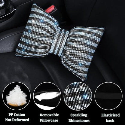 Car Seat Head-Rest Pillow Bow Automobile Neck Headrest Cushion Bling Bling Rhinestones Diamond for Automotive Accessories Girls and Women Neck Support Interior White-Black 2Pcs