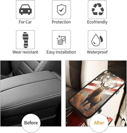 Universal Car Center Console Cushion Pad, American Flag Deer Soft Waterproof Car Center Console Cover Auto Armrest Seat Box Cover Protector for Most Vehicle SUV Truck Car