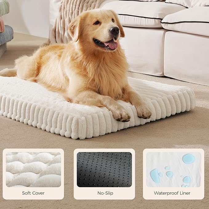 Orthopedic Dog Bed for Large Dog, Waterproof Pet Bed for Crate,Non-Slip Bottom and Egg-Crate Foam with Removable Washable Cover Crate Bed,Cream,35"x22"x3"
