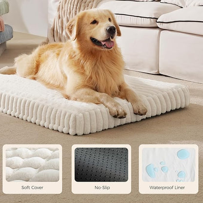 Orthopedic Dog Bed for Large Dog, Waterproof Pet Bed for Crate,Non-Slip Bottom and Egg-Crate Foam with Removable Washable Cover Crate Bed,Cream,35"x22"x3"