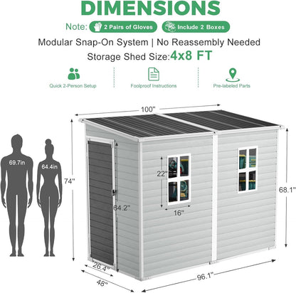 4x8 FT Plastic Storage Sheds Outdoor with Floor and Window, Lean to Resin Shed Easy to Install, Compact Sheds & Outdoor Storage/Tool Shed for Backyard Patio Lawn, Gray