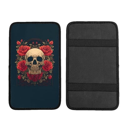 Skull with Red Roses Car Auto Armrest Cushion Cover Accessories Center Console Seat Box Pad Protector Universal Decoration for Most Vehicle SUV Truck