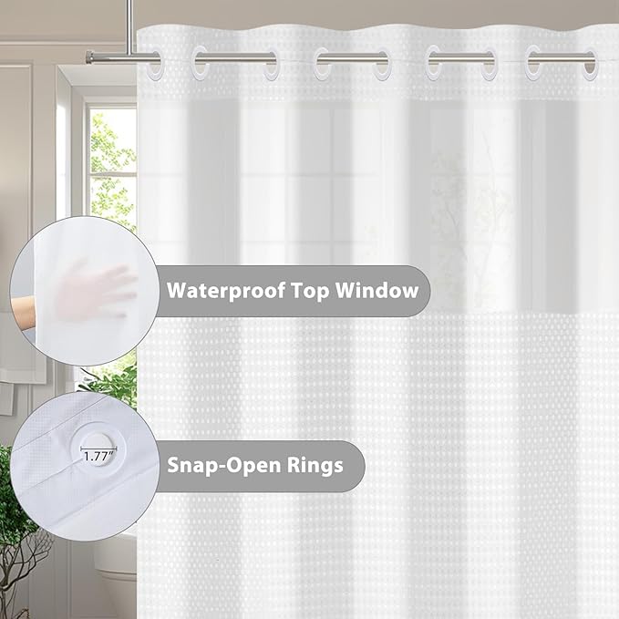 GICDSU No Hook Shower Curtain with Snap in Liner, Waffle Shower Curtain Set for Bathroom, Hotel Style with Semi-Sheer Top Window, Waterproof & Washable, White, 71" W x 75" L