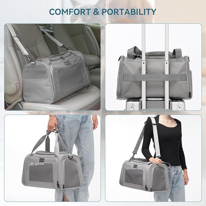 PETSFIT Cat Carrier Airline Approved, Soft Carrier for Small and Medium Cats Under 12 Lbs, Soft Cat Travel Bag, Kitten Carrier with Extendable Mat, Grey