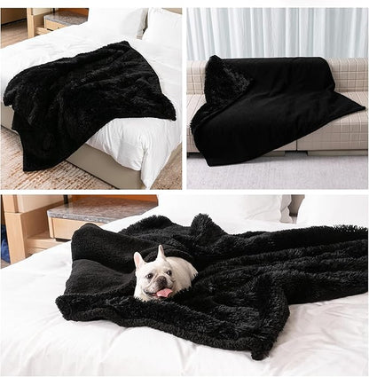 Wowchine Calming Fleece Cat Blankets Black Waterproof Pets Blanket for Dogs Reversible Long Faux Fur Puppy Throw Blankets(Black,L)