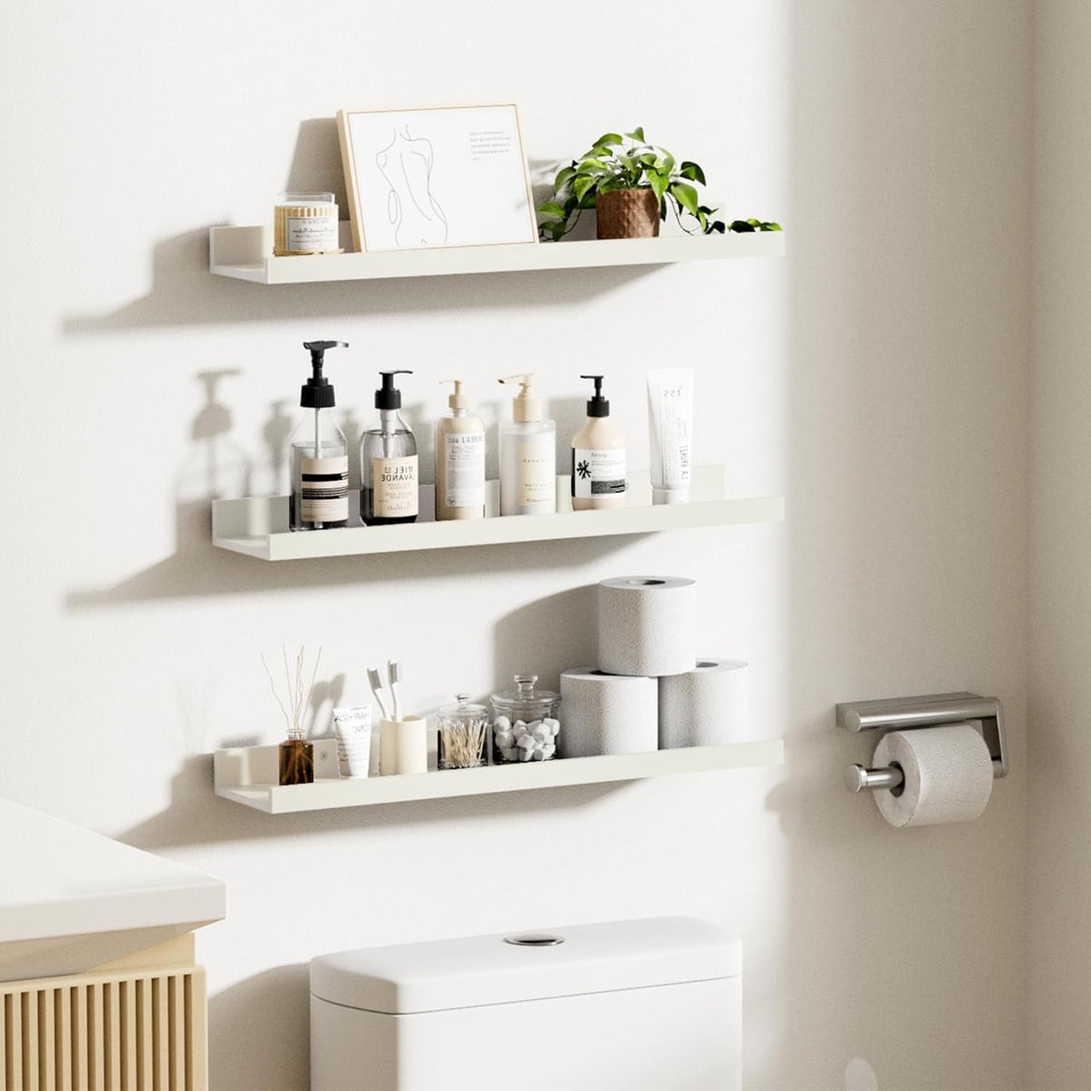 upsimples Floating Shelves for Wall, 23.6 Inch Shelves for Decor Storage Set of 6, Wall Mounted Wood Shelf for Bedroom, Living Room, Bathroom, Kitchen, Long Picture Ledge Shelves, White