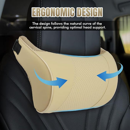 Car Neck Pillow with Memory Foam, Soft Comfortable Headrest Pillow for Driving, Ergonomic Design, Auto Seat Neck Support Pillows Head Rest Cushion with Breathable Leather Cover (Beige)
