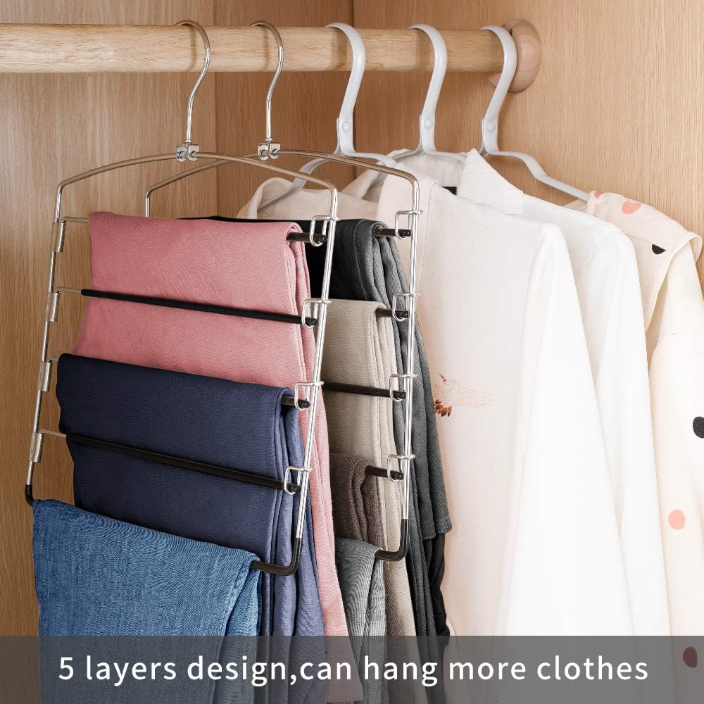 FeeraHozer Pants Hangers Non Slip 3 Pack Space Saving Hangers Multi-Layer Swing Arm Pants Hanger Stainless Steel Space Saver Hanger Closet Storage Organizer for Jeans Trouser Slacks Clothes (Black)