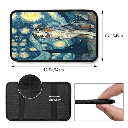 Starry Night Cute Blue and Brown Dog Car Auto Armrest Cushion Cover Accessories Center Console Seat Box Pad Protector Universal Decoration for Most Vehicle SUV Truck