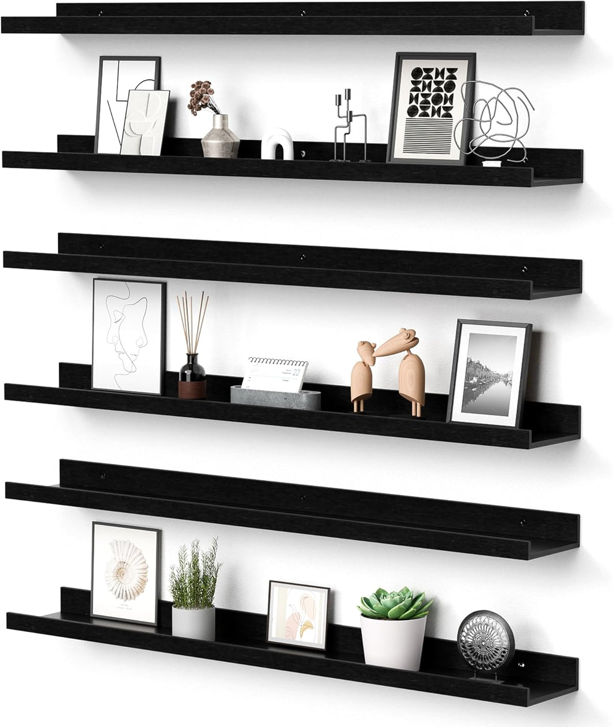 upsimples Floating Shelves for Wall, 35.5 Inch Shelves for Decor Storage Set of 6, Wall Mounted Wood Shelf for Bedroom, Living Room, Bathroom, Kitchen, Long Picture Ledge Shelves, Black