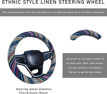Boho Steering Wheel Cover, 15.0"×15.0" Anti-Slip Baja Blanket Ethnic Steering Wheel Protector, Breathable Flax Cloth Elastic Bohemian Steering Wheel Cover, Car Accessories (Style B)